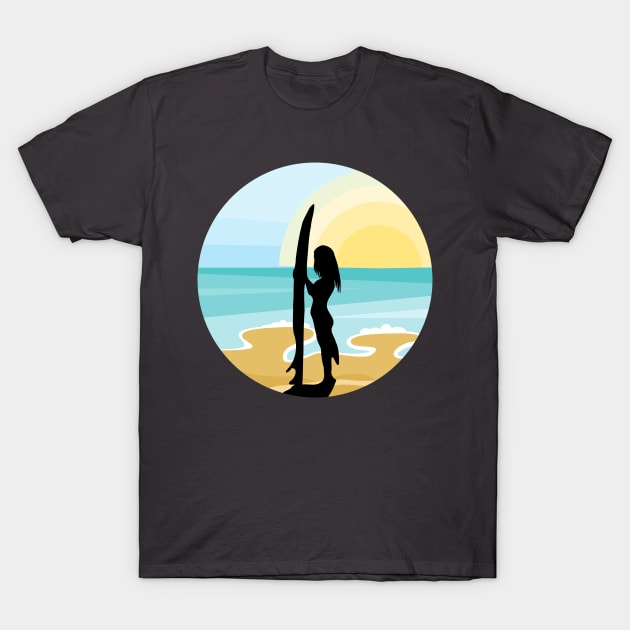 Surfer Girl and Surf Board, Sunset Beach T-Shirt by Redmanrooster